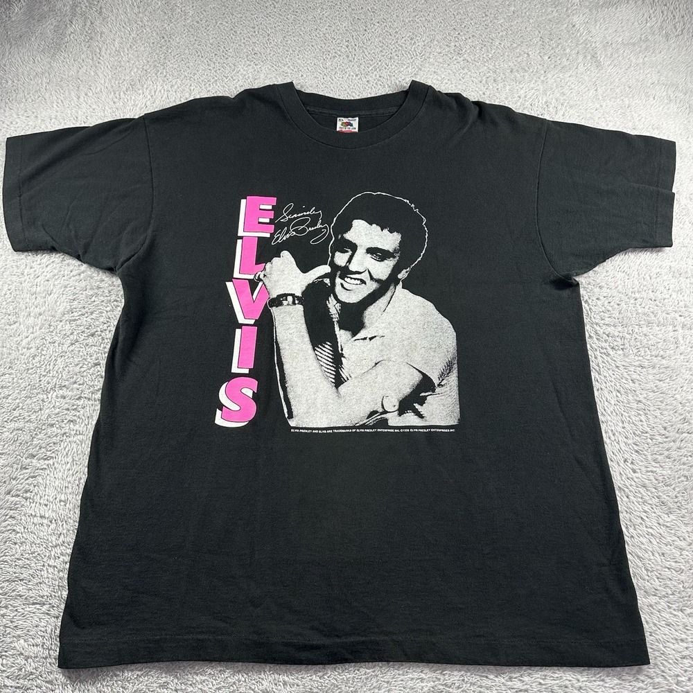 Vintage 90s Elvis Shirt‎ Mens XL Black Pink Graphic Single Stitch USA